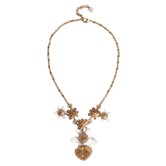 Dolce & Gabbana Gold Brass Lily Crystal Sacred Heart Pendant Women\'s Necklace